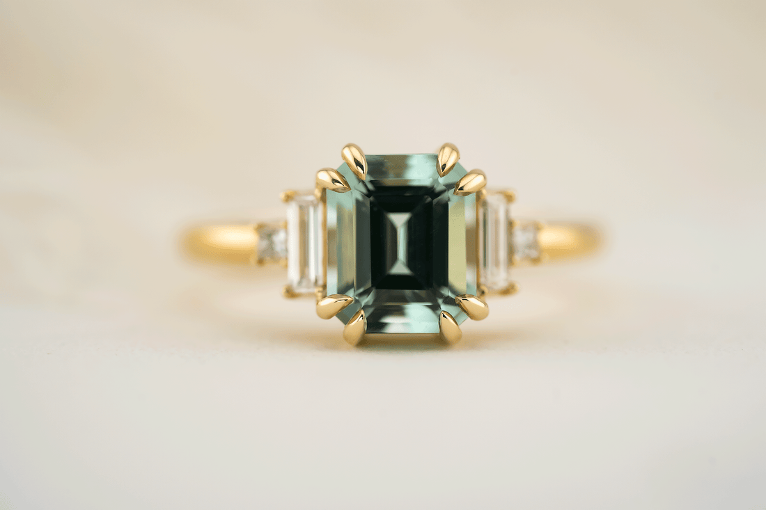 The Mira Ring | 2.09 CT Emerald Cut Seafoam Blue Tourmaline - Lavender Creek Gems