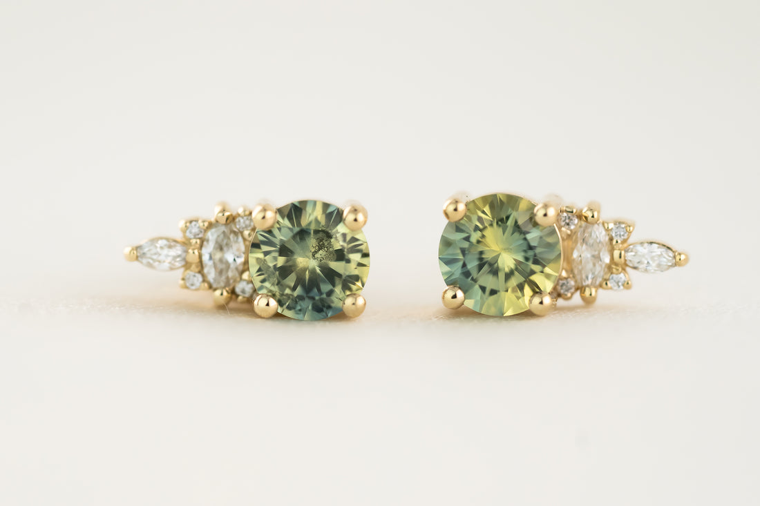 The Maeve Stud Earrings | Parti Green/Blue Round Sapphire - Lavender Creek Gems 