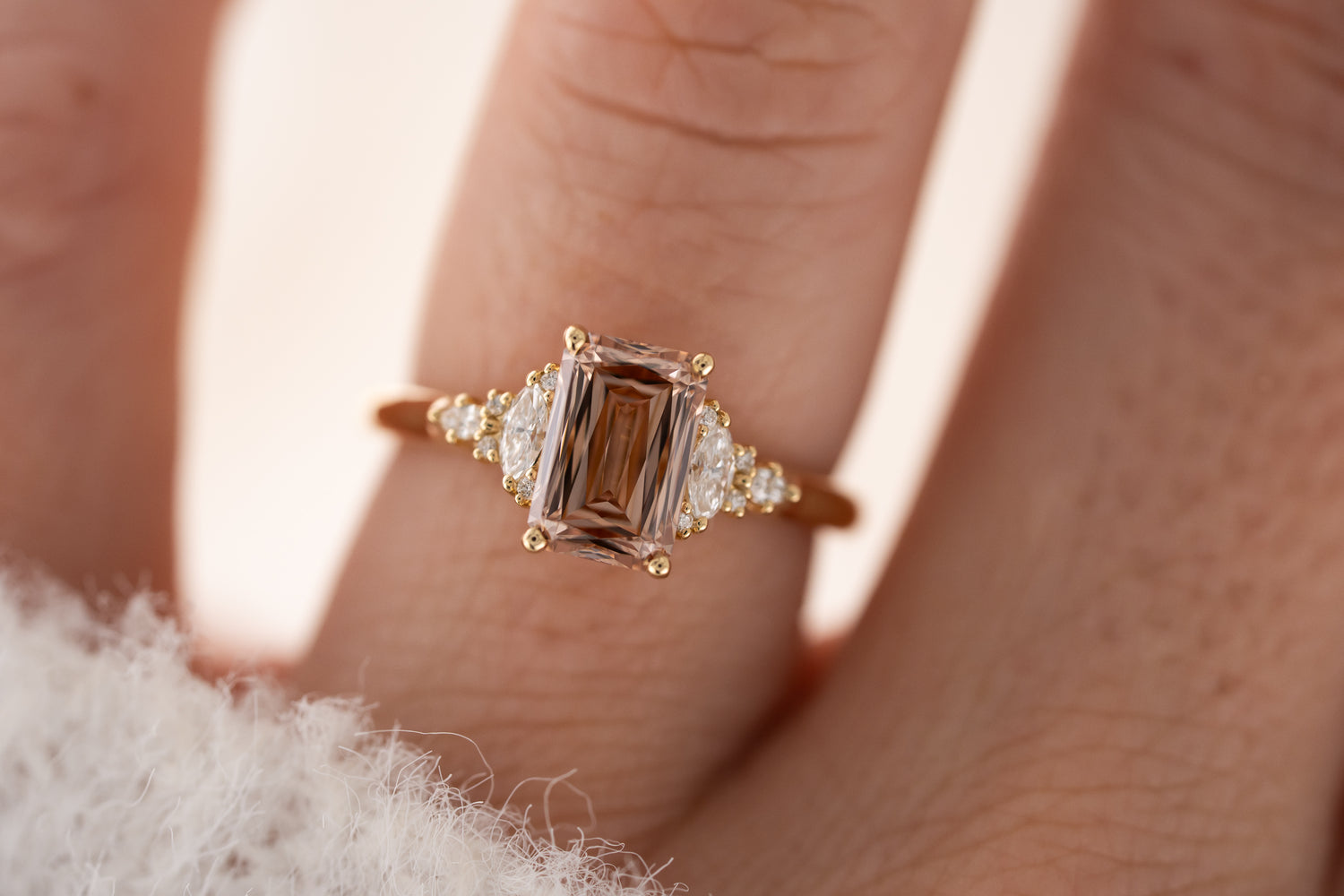 The Maeve Ring | 2 CT Emerald Cut Scissor Peachy Brown Diamond
