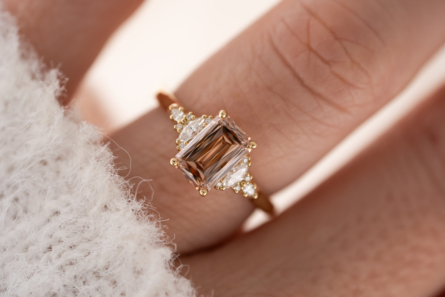 The Maeve Ring | 2 CT Emerald Cut Scissor Peachy Brown Diamond