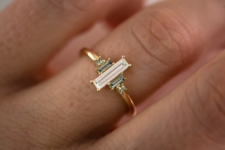 The Mira Baguette Diamond + Green Sapphire Ring
