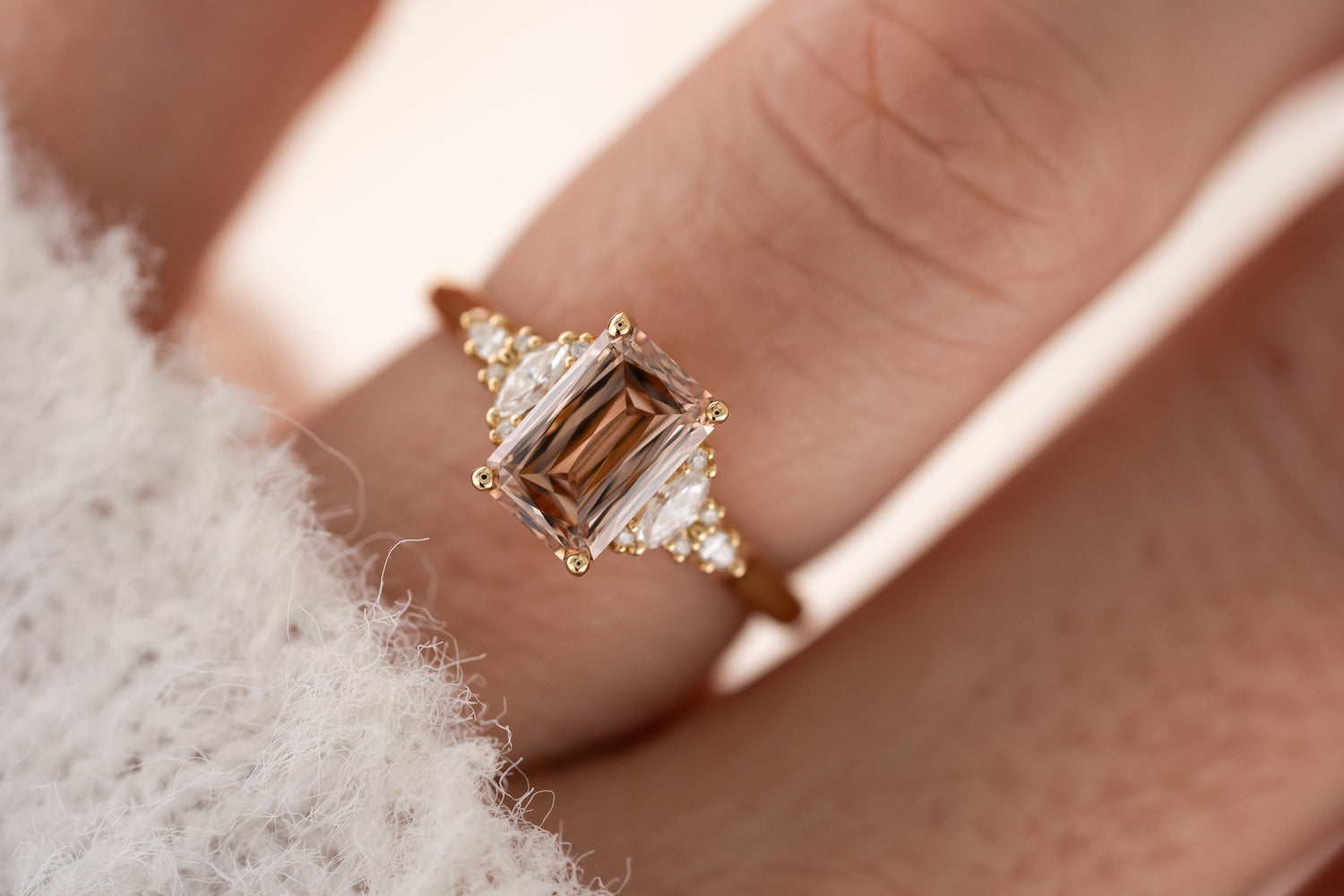 The Maeve Ring | 2 CT Emerald Cut Scissor Peachy Brown Diamond