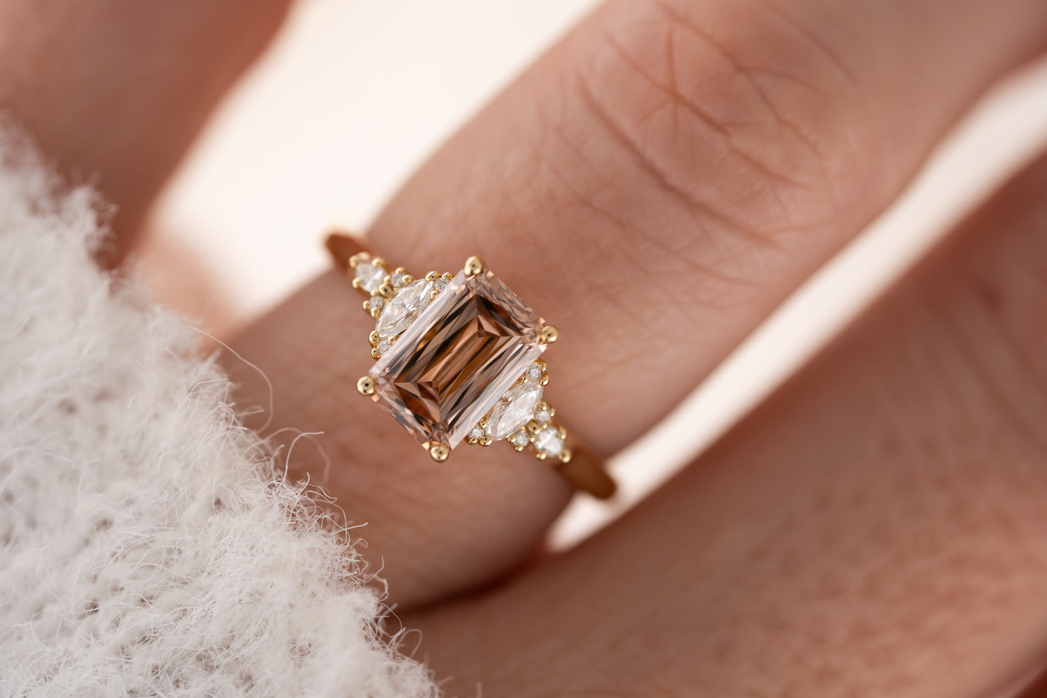 The Maeve Ring | 2 CT Emerald Cut Scissor Peachy Brown Diamond