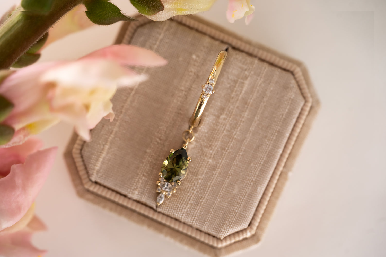 The Maeve Dangle Hoop Earrings | Pear Demantoid Garnet - Lavender Creek Gems 