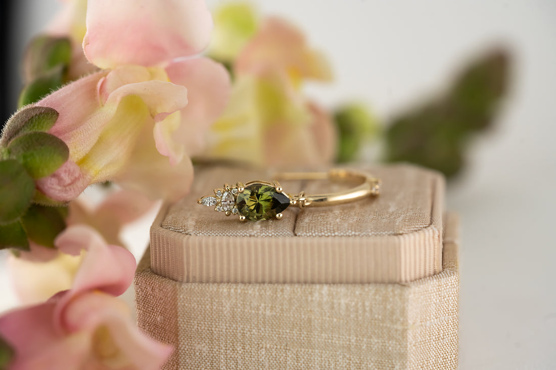 The Maeve Dangle Hoop Earrings | Pear Demantoid Garnet - Lavender Creek Gems 