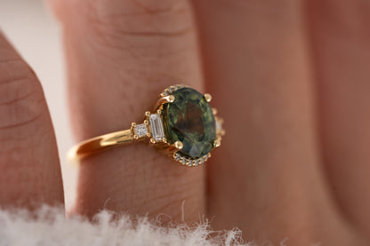 The Sura Ring | 3.97 CT Oval Teal Green Sapphire