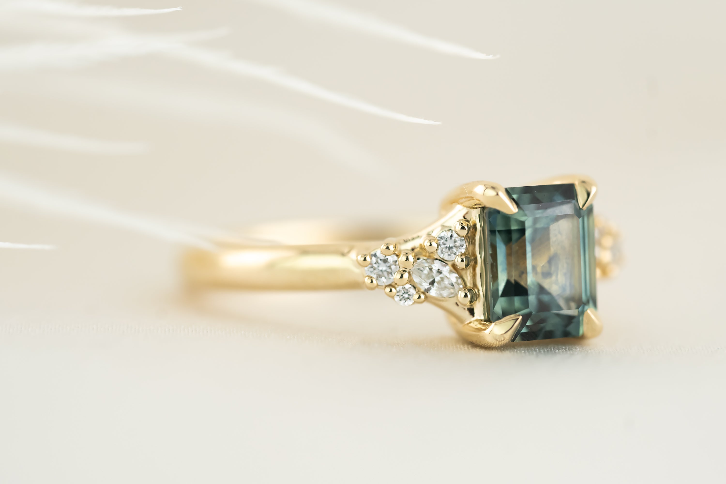 The Lyria Ring - 1.61 CT Teal Emerald Cut Montana Sapphire - Lavender Creek Gems 