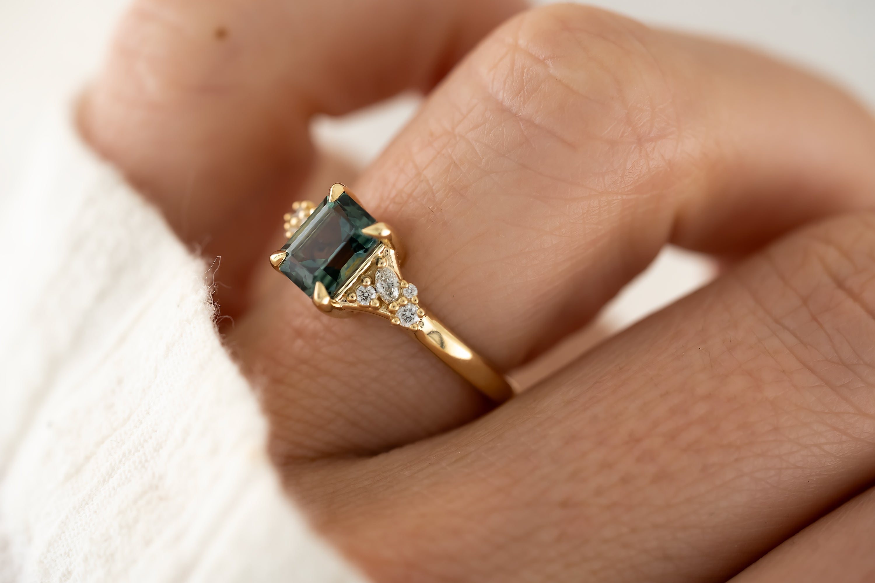 The Lyria Ring - 1.61 CT Teal Emerald Cut Montana Sapphire - Lavender Creek Gems 