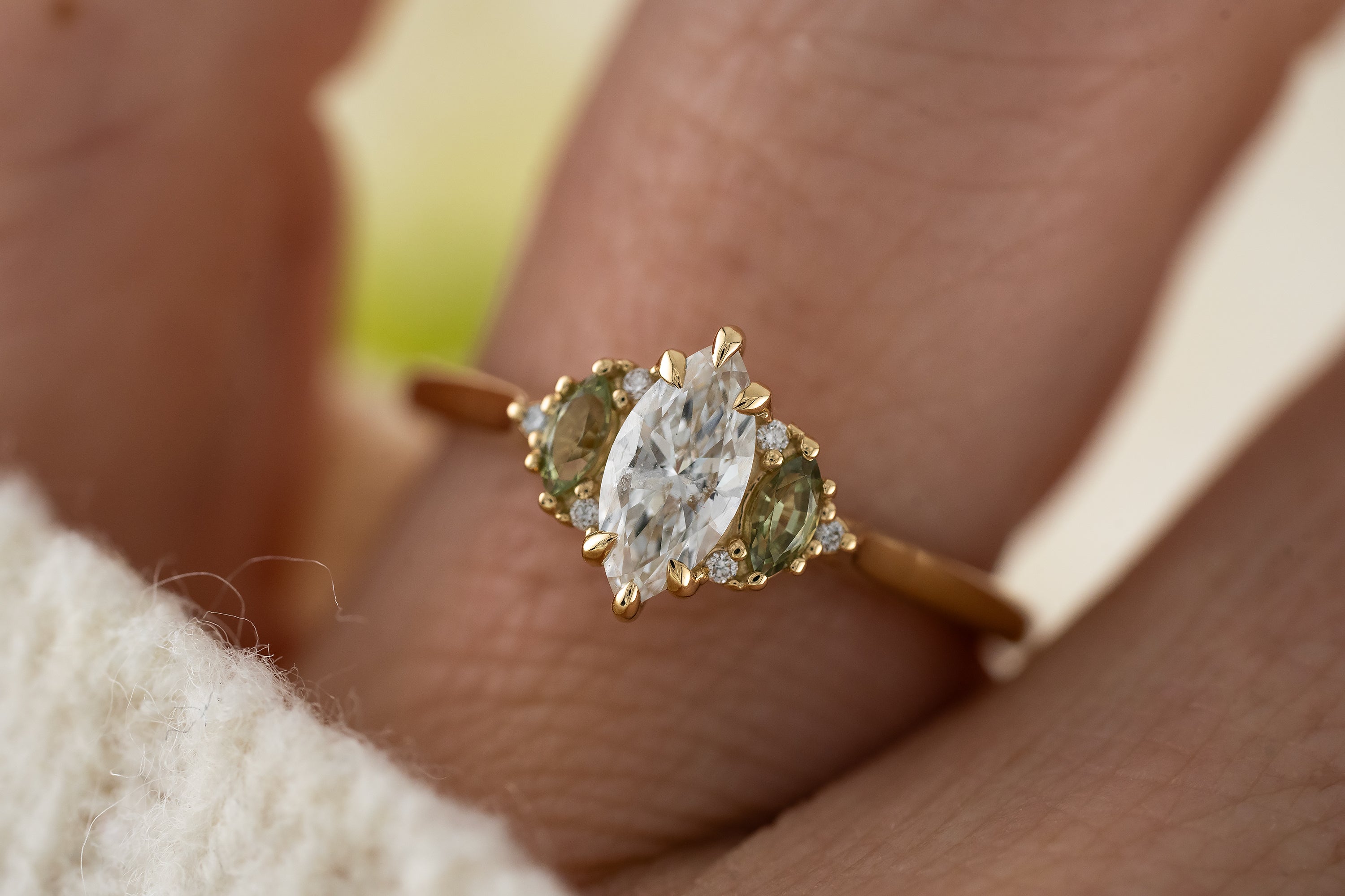 The Maren Ring | Marquise Diamond + Green Sapphire - Lavender Creek Gems 