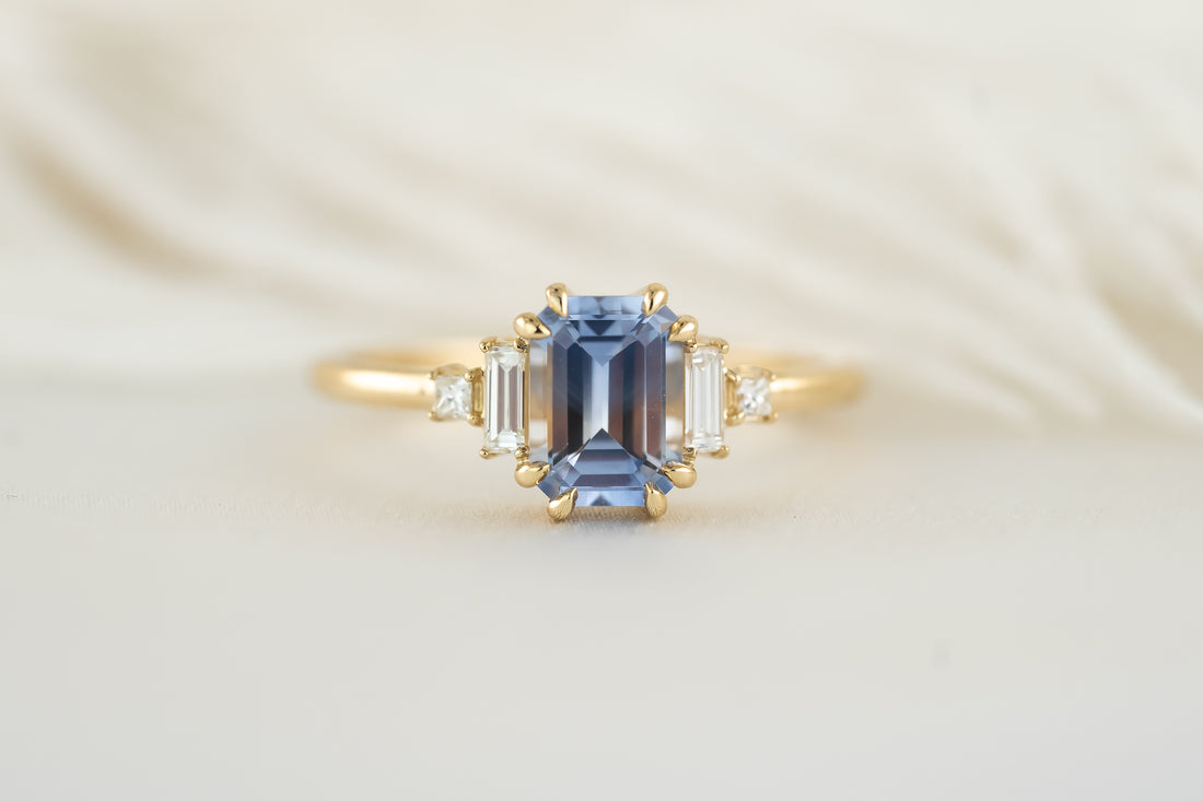 The Mira Ring - 1.4 CT Emerald Cut Periwinkle Bi-Color Sapphire - Lavender Creek Gems