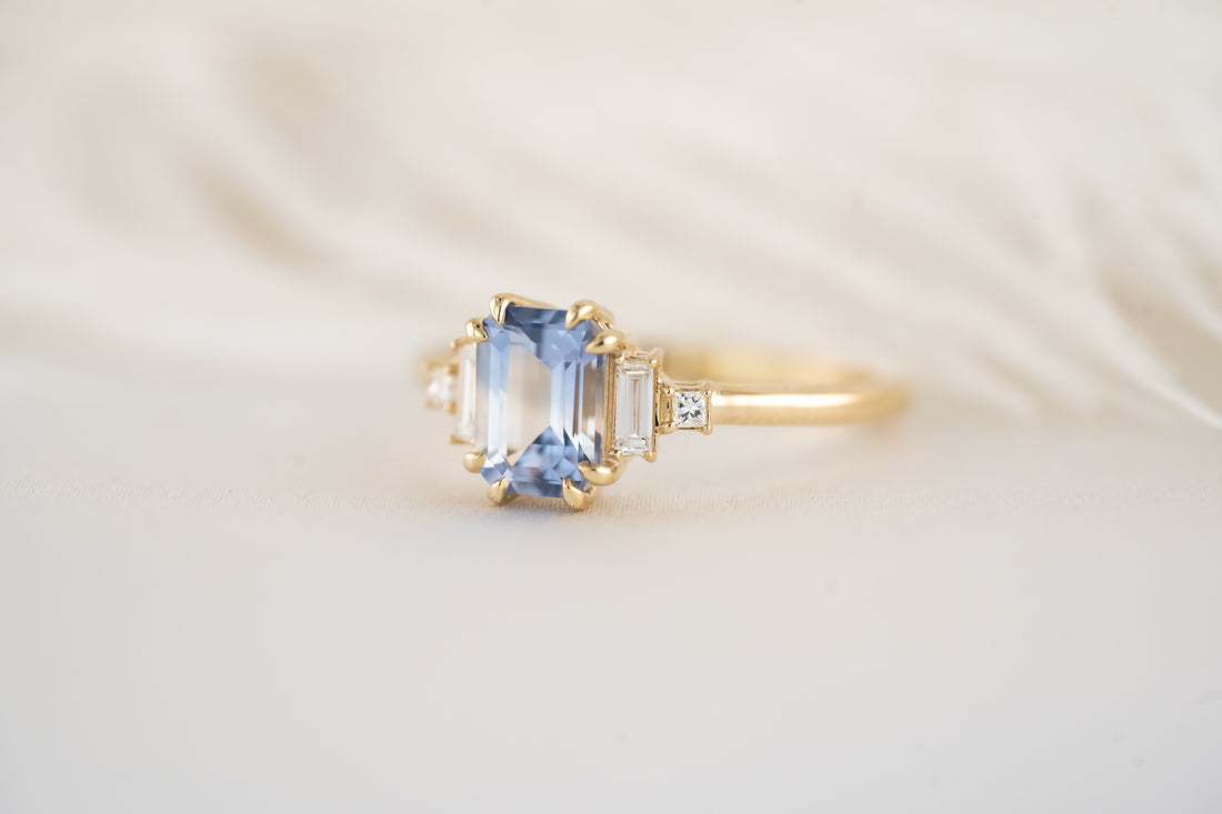 The Mira Ring - 1.4 CT Emerald Cut Periwinkle Bi-Color Sapphire - Lavender Creek Gems 
