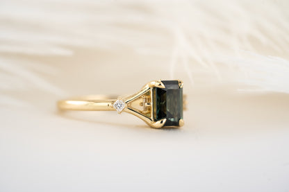 The Luthien Ring - 1.64 CT Emerald Cut Teal Sapphire - Lavender Creek Gems 