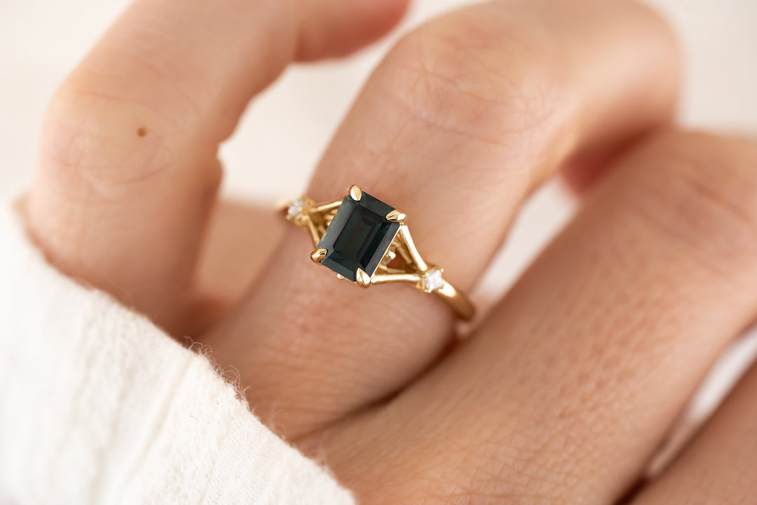 The Luthien Ring - 1.64 CT Emerald Cut Teal Sapphire