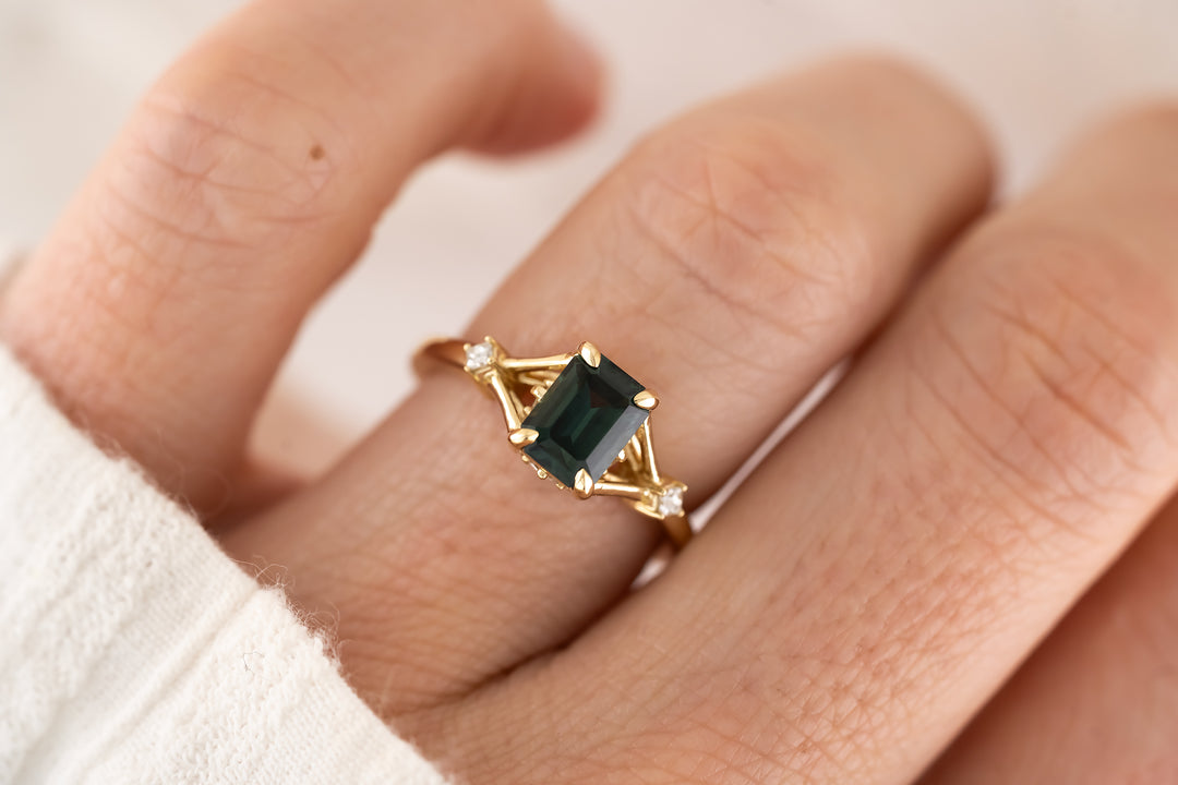 The Luthien Ring - 1.64 CT Emerald Cut Teal Sapphire