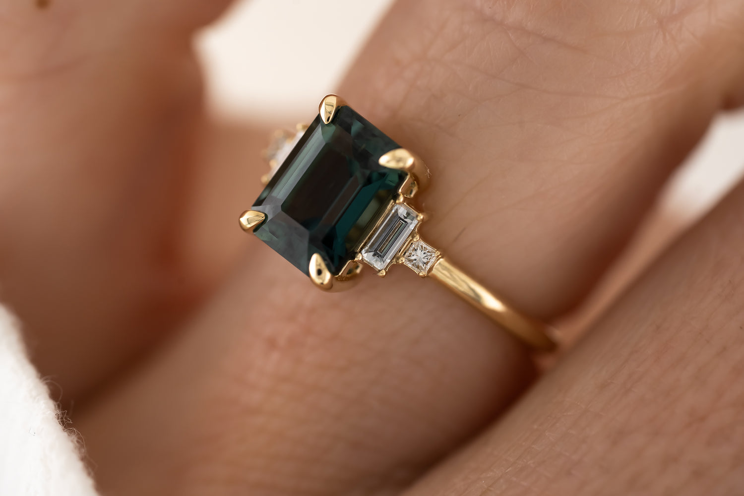 The Mira Ring | 2.65 CT Emerald Cut Teal Sapphire - Lavender Creek Gems 