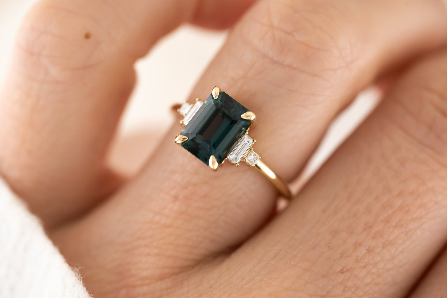 The Mira Ring | 2.65 CT Emerald Cut Teal Sapphire - Lavender Creek Gems 
