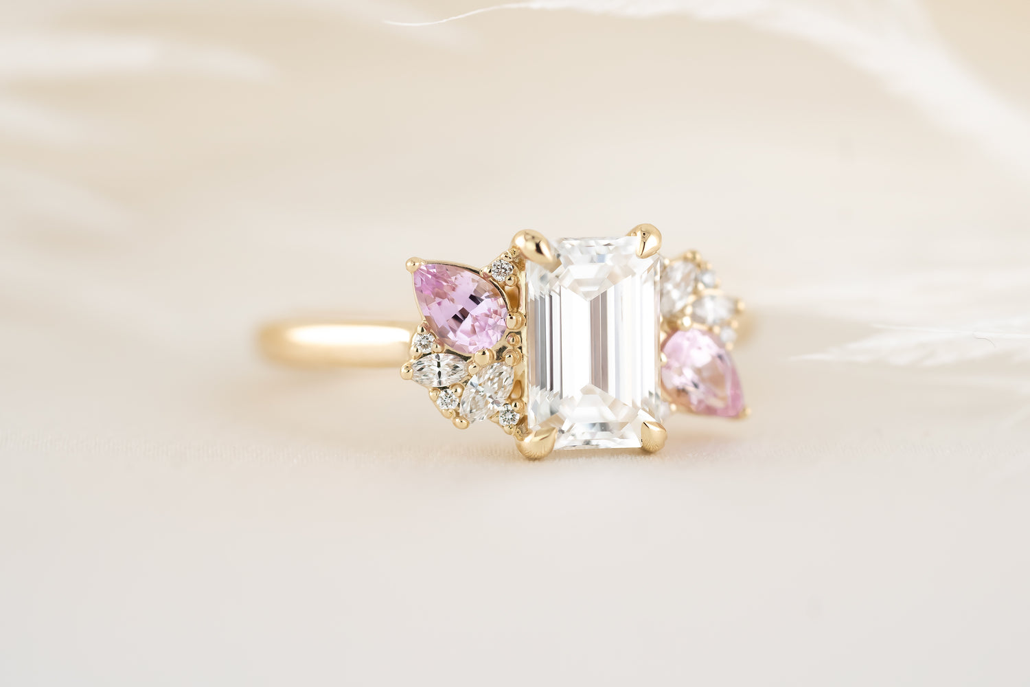 The Fleur Ring - 1.53 CT Emerald Cut Diamond + Pink Sapphire - Lavender Creek Gems 