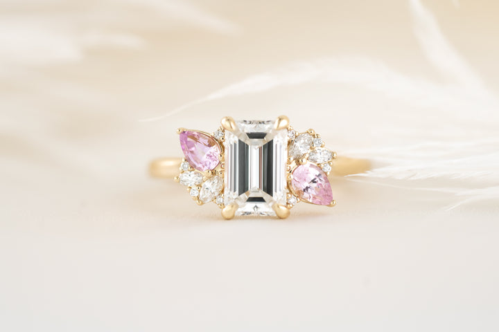 The Fleur Ring - 1.53 CT Emerald Cut Diamond + Pink Sapphire