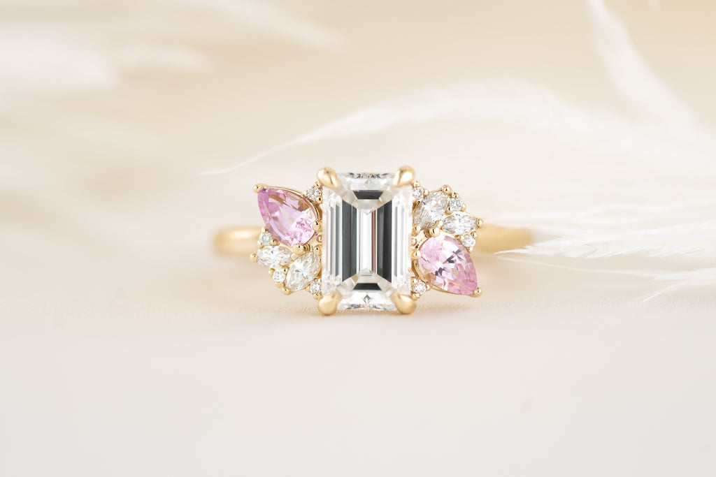 The Fleur Ring - 1.53 CT Emerald Cut Diamond + Pink Sapphire - Lavender Creek Gems 