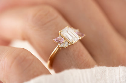 The Fleur Ring - 1.53 CT Emerald Cut Diamond + Pink Sapphire - Lavender Creek Gems 