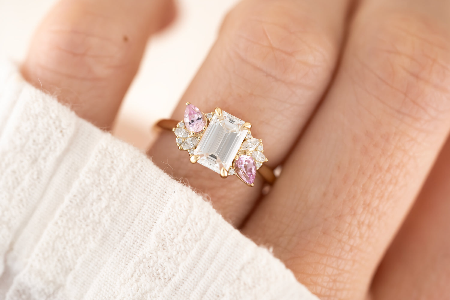 The Fleur Ring - 1.53 CT Emerald Cut Diamond + Pink Sapphire - Lavender Creek Gems 