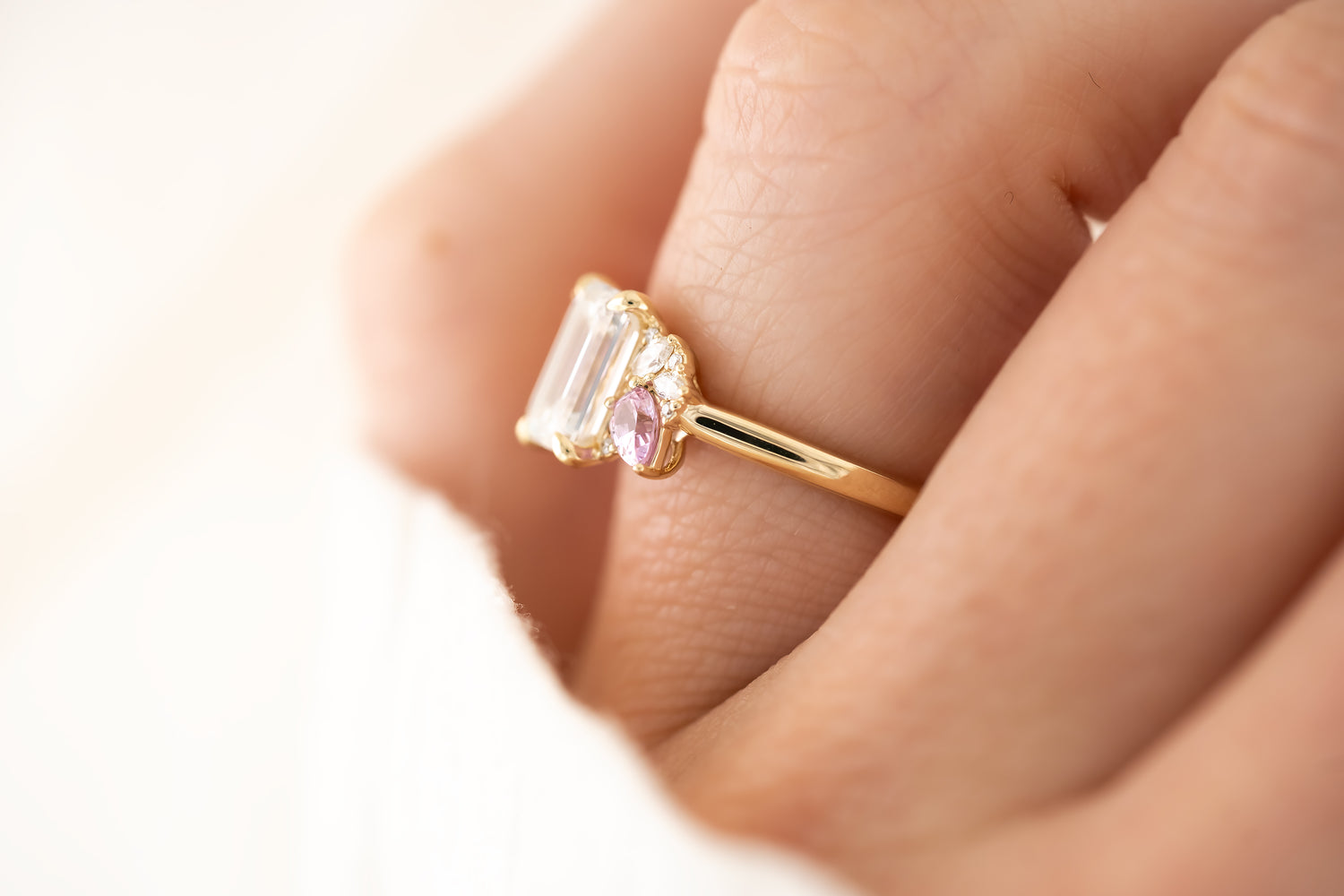 The Fleur Ring - 1.53 CT Emerald Cut Diamond + Pink Sapphire - Lavender Creek Gems 