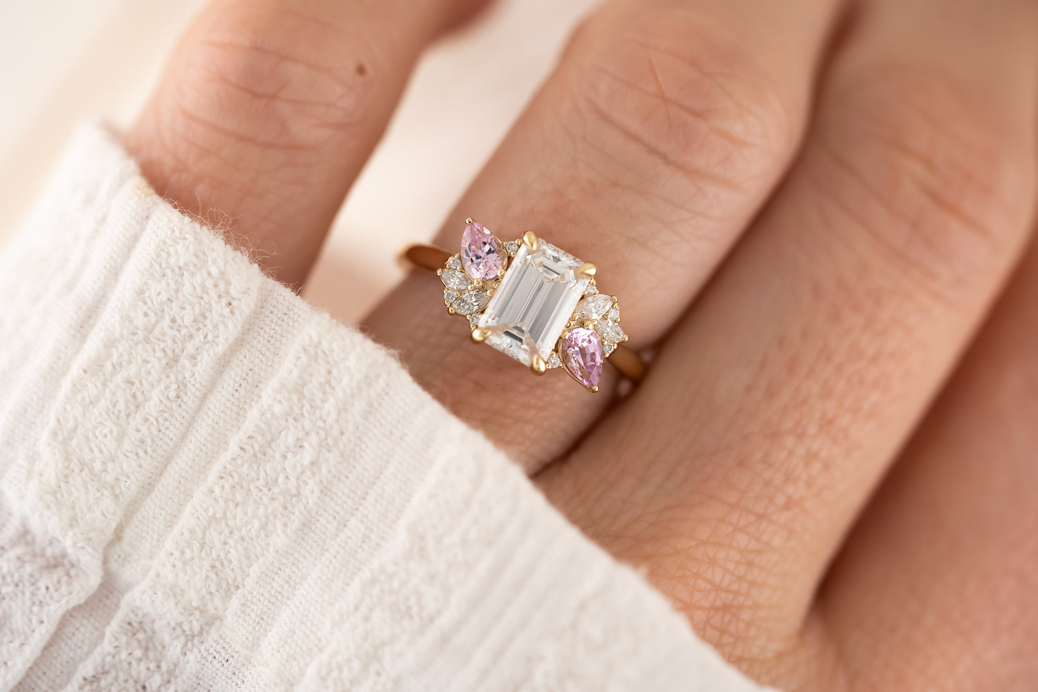 The Fleur Ring - 1.53 CT Emerald Cut Diamond + Pink Sapphire - Lavender Creek Gems 