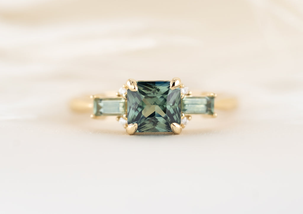 The Meridian Ring - 1.62 CT Teal Green Radiant Sapphire + Montana Sapphire - Lavender Creek Gems 