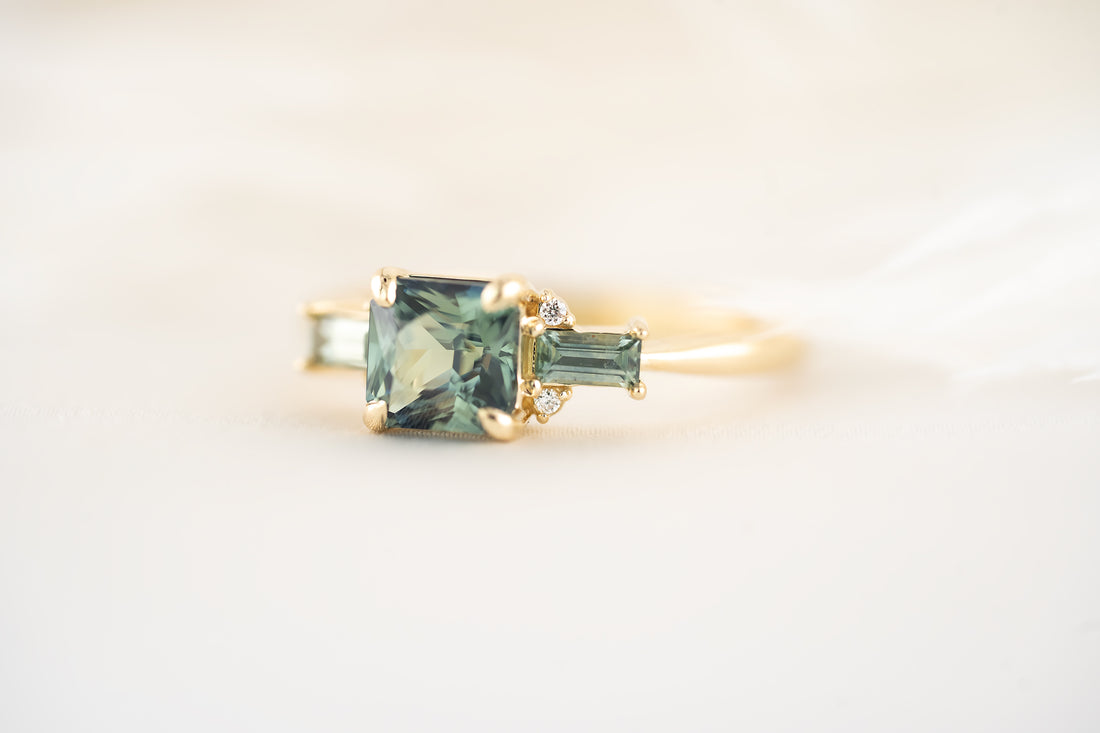 The Meridian Ring - 1.62 CT Teal Green Radiant Sapphire + Montana Sapphire - Lavender Creek Gems 