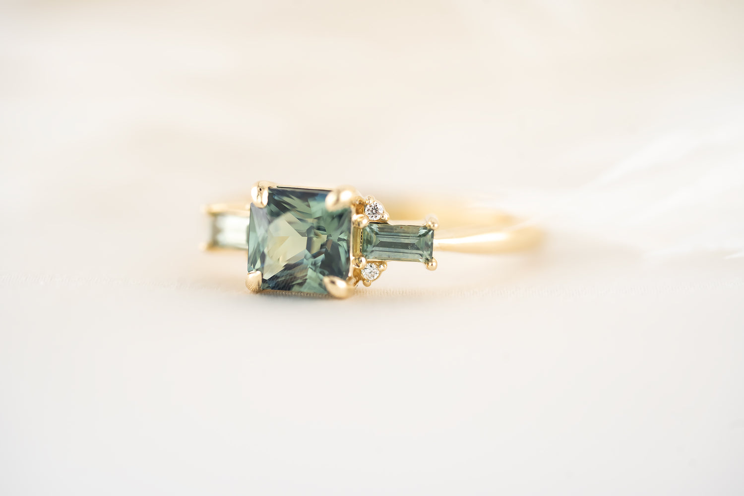 The Meridian Ring - 1.62 CT Teal Green Radiant Sapphire + Montana Sapphire - Lavender Creek Gems 