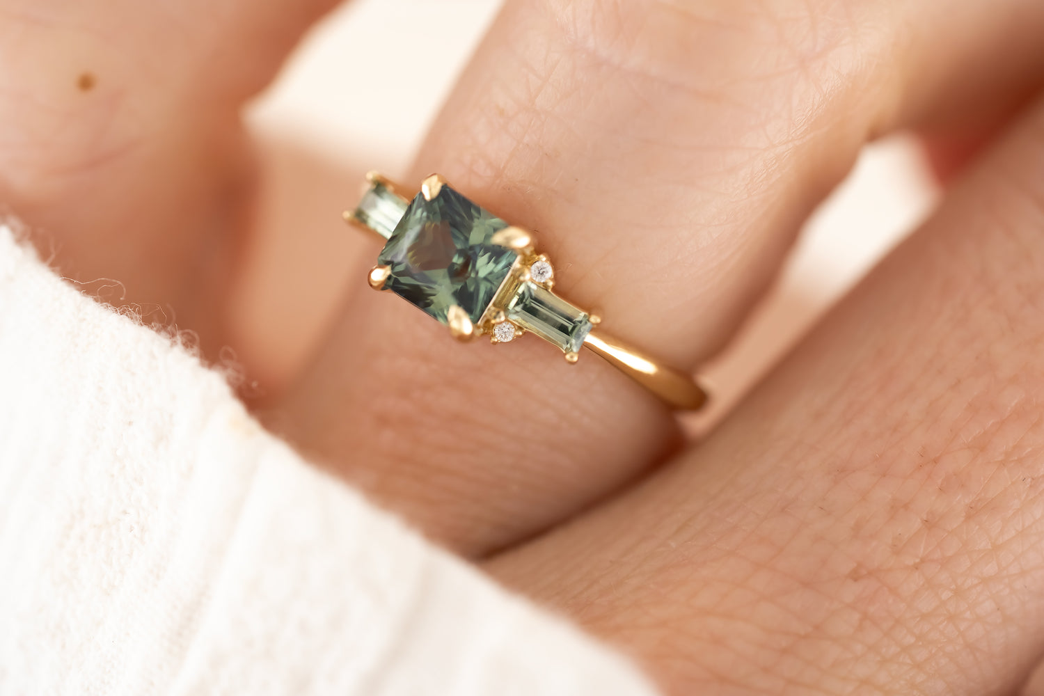 The Meridian Ring - 1.62 CT Teal Green Radiant Sapphire + Montana Sapphire - Lavender Creek Gems 