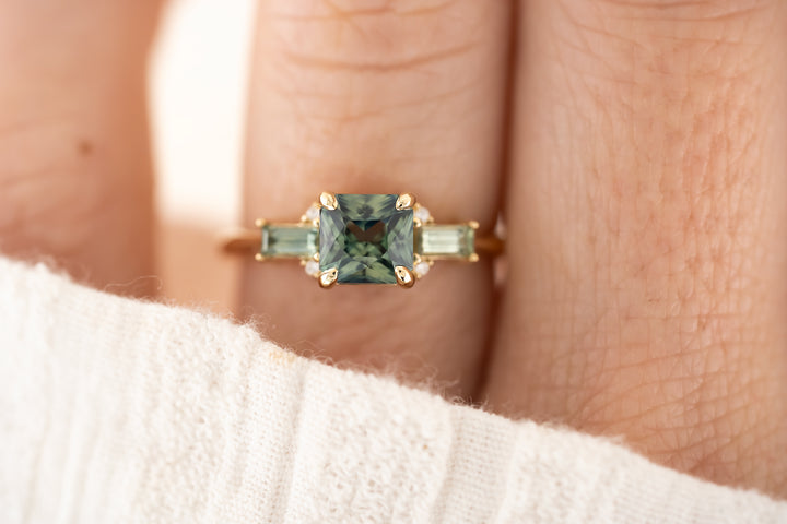 The Meridian Ring - 1.62 CT Teal Green Radiant Sapphire + Montana Sapphire
