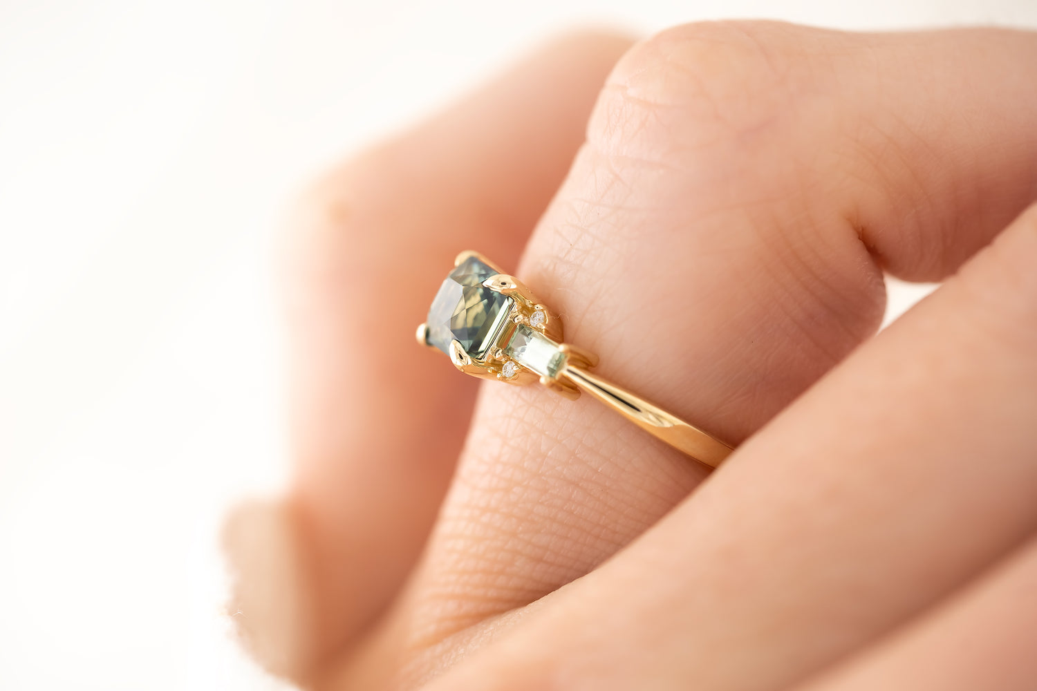 The Meridian Ring - 1.62 CT Teal Green Radiant Sapphire + Montana Sapphire - Lavender Creek Gems 