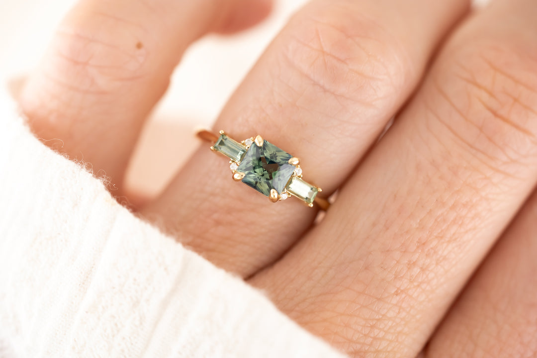 The Meridian Ring - 1.62 CT Teal Green Radiant Sapphire + Montana Sapphire