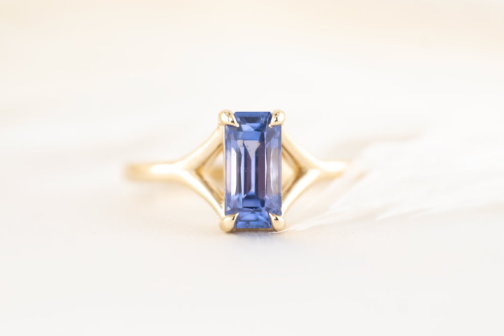 The Riven Ring - 1.82 CT Emerald Cut Blurple Sapphire - Lavender Creek Gems 