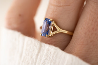 The Riven Ring - 1.82 CT Emerald Cut Blurple Sapphire - Lavender Creek Gems 