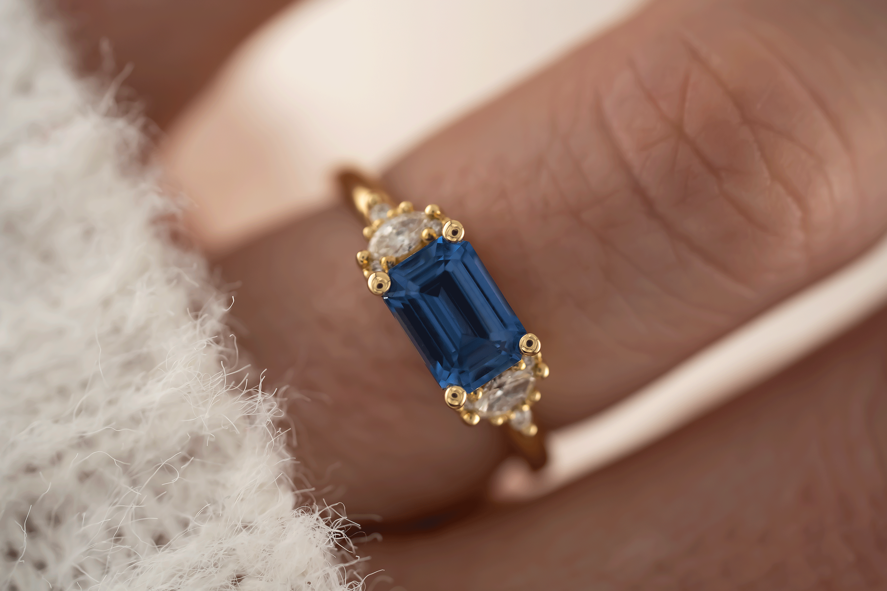 The Low Maren Ring | 1.6 CT Emerald Cut Blue Sapphire - east/west - Lavender Creek Gems 