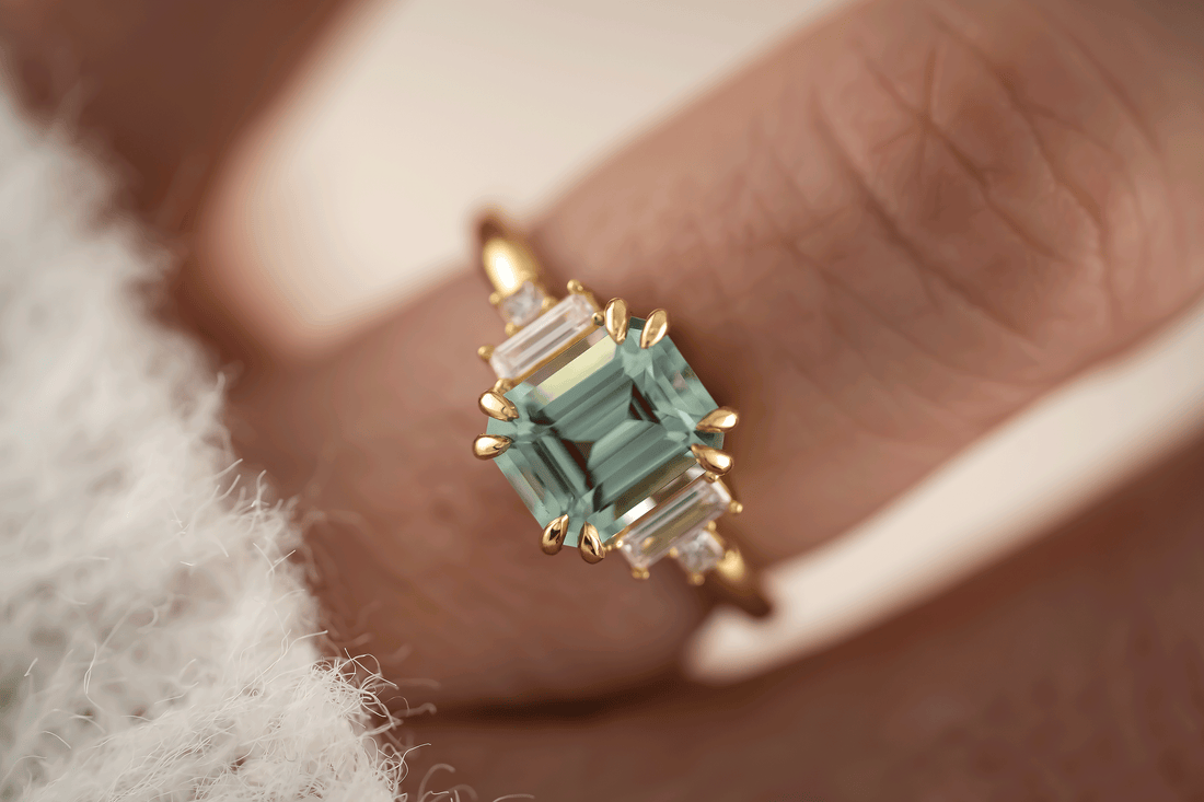 The Mira Ring | 2.09 CT Emerald Cut Seafoam Blue Tourmaline - Lavender Creek Gems