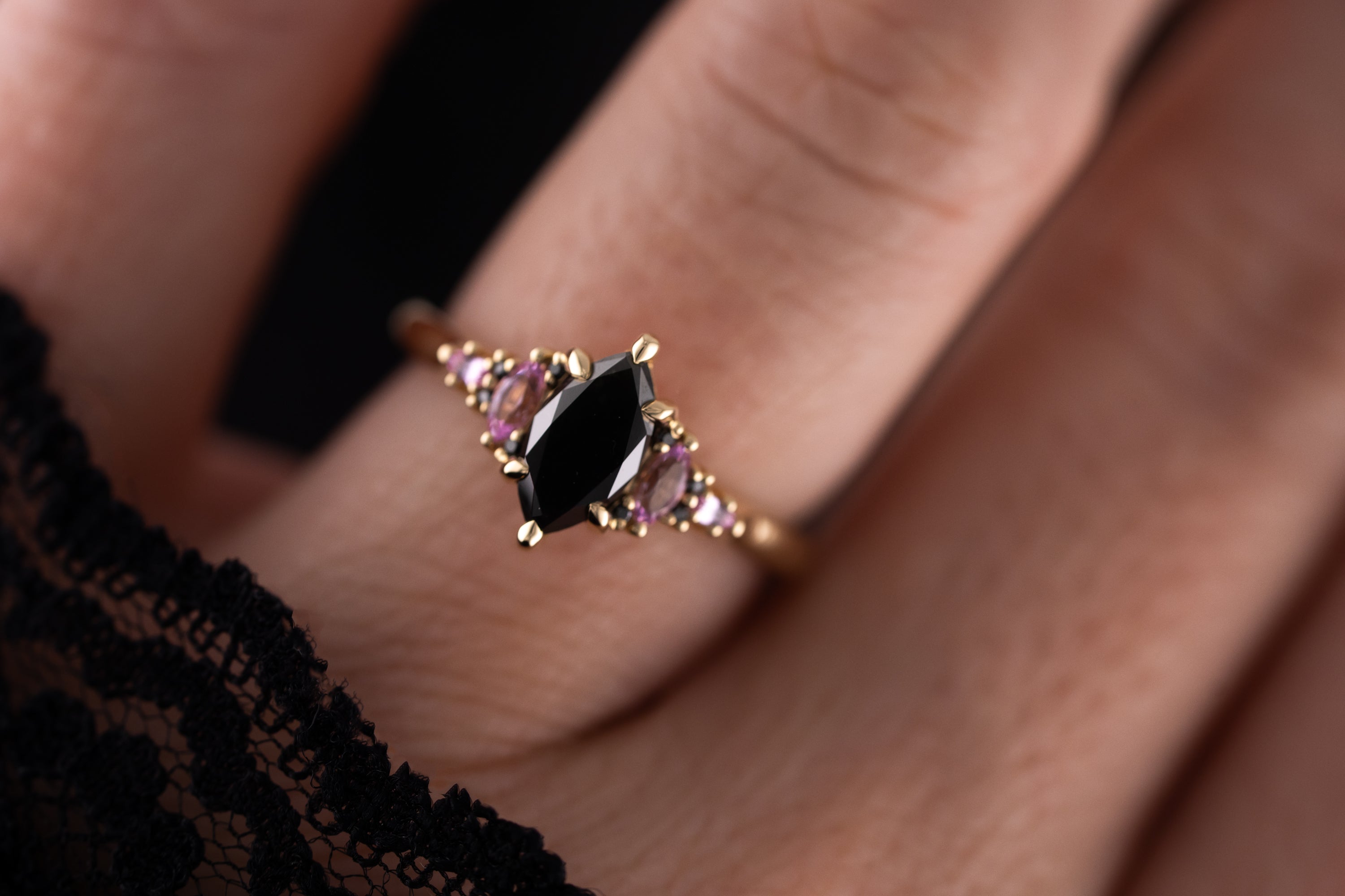The Maeve Ring | 1 CT Marquise Black Diamond + Pink Sapphire