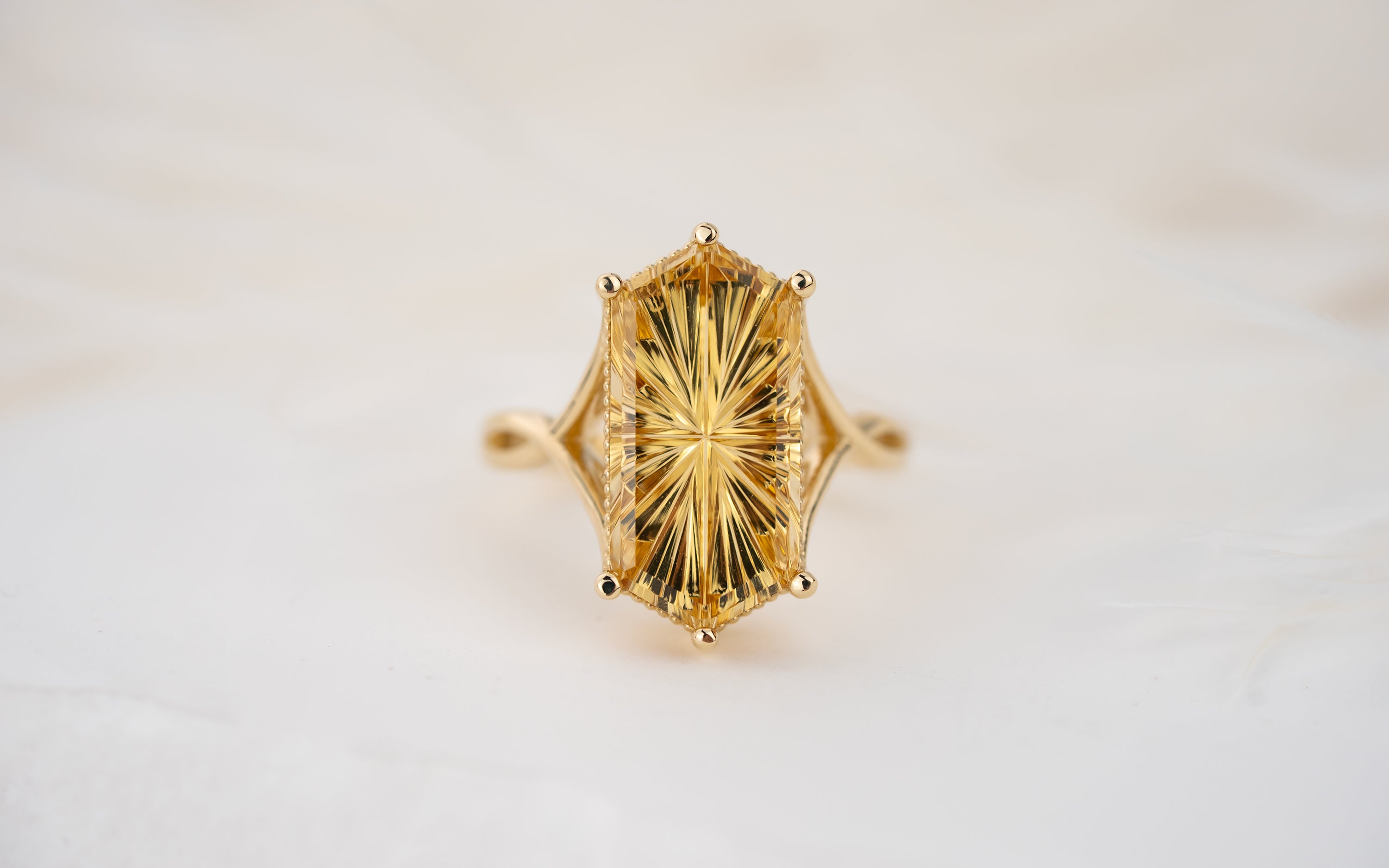 The Fates Ring | 5.01 Hexagon Starbrite™ Golden Beryl – Lavender