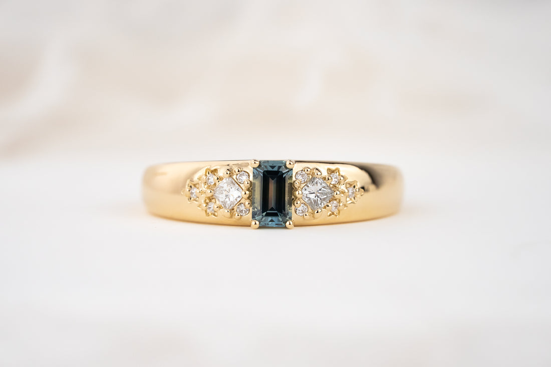The Astral Ring | Emerald Cut Deep Aqua Blue Sapphire - Lavender Creek Gems 