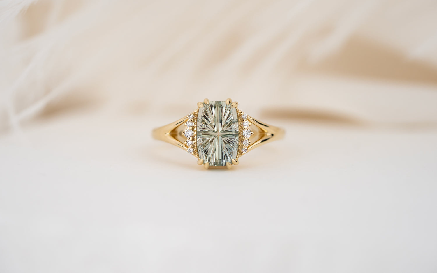 The Serendipity Ring | 2.15 CT Elongated Cushion Starbrite™ Light Green Montana Sapphire