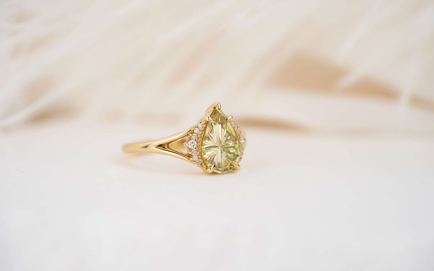 The Serendipity Ring | 1.56 CT Pear Starbrite™ Yellow Green Montana Sapphire