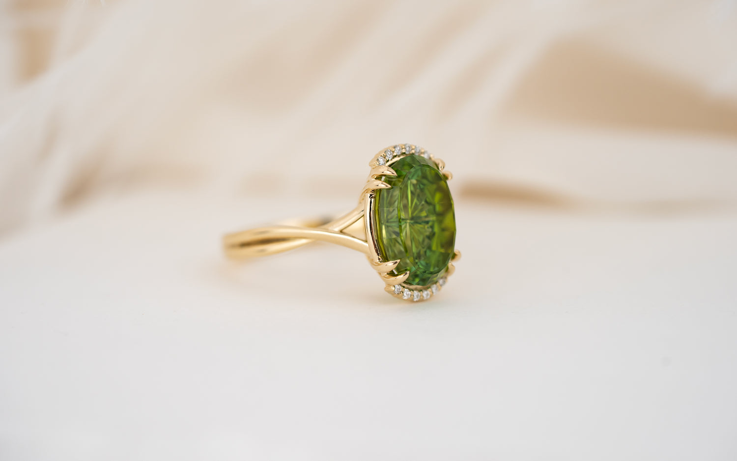 The Fates Ring - Half Halo | 4.35 Oval Starbrite™ Green Tourmaline