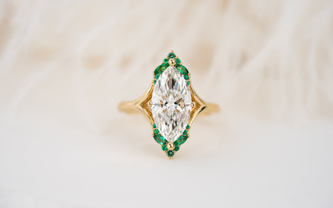 The Everlight Ring | 3 CT Marquise Diamond + Emerald Accents