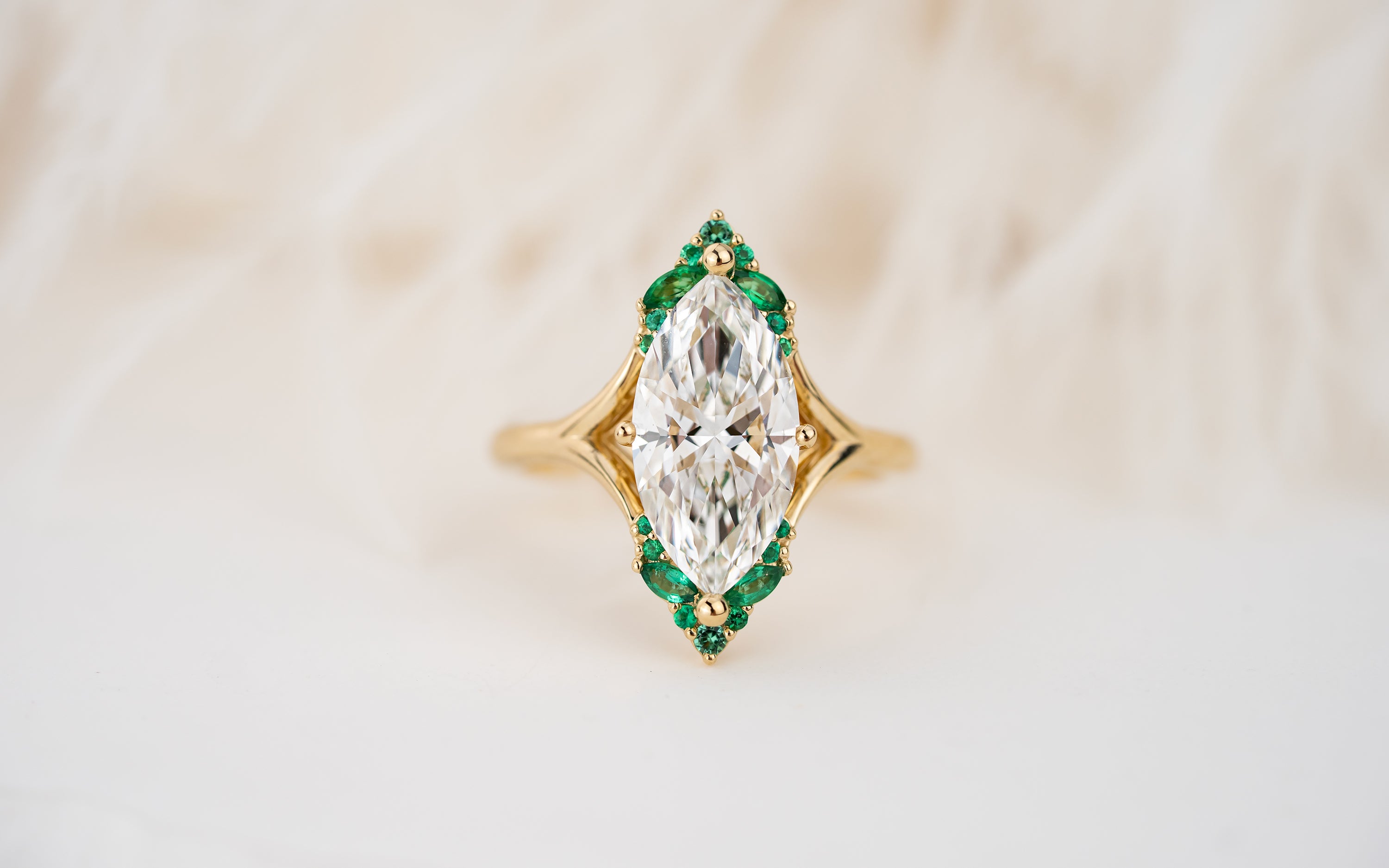 The Everlight Ring | 3 CT Marquise Diamond + Emerald Accents