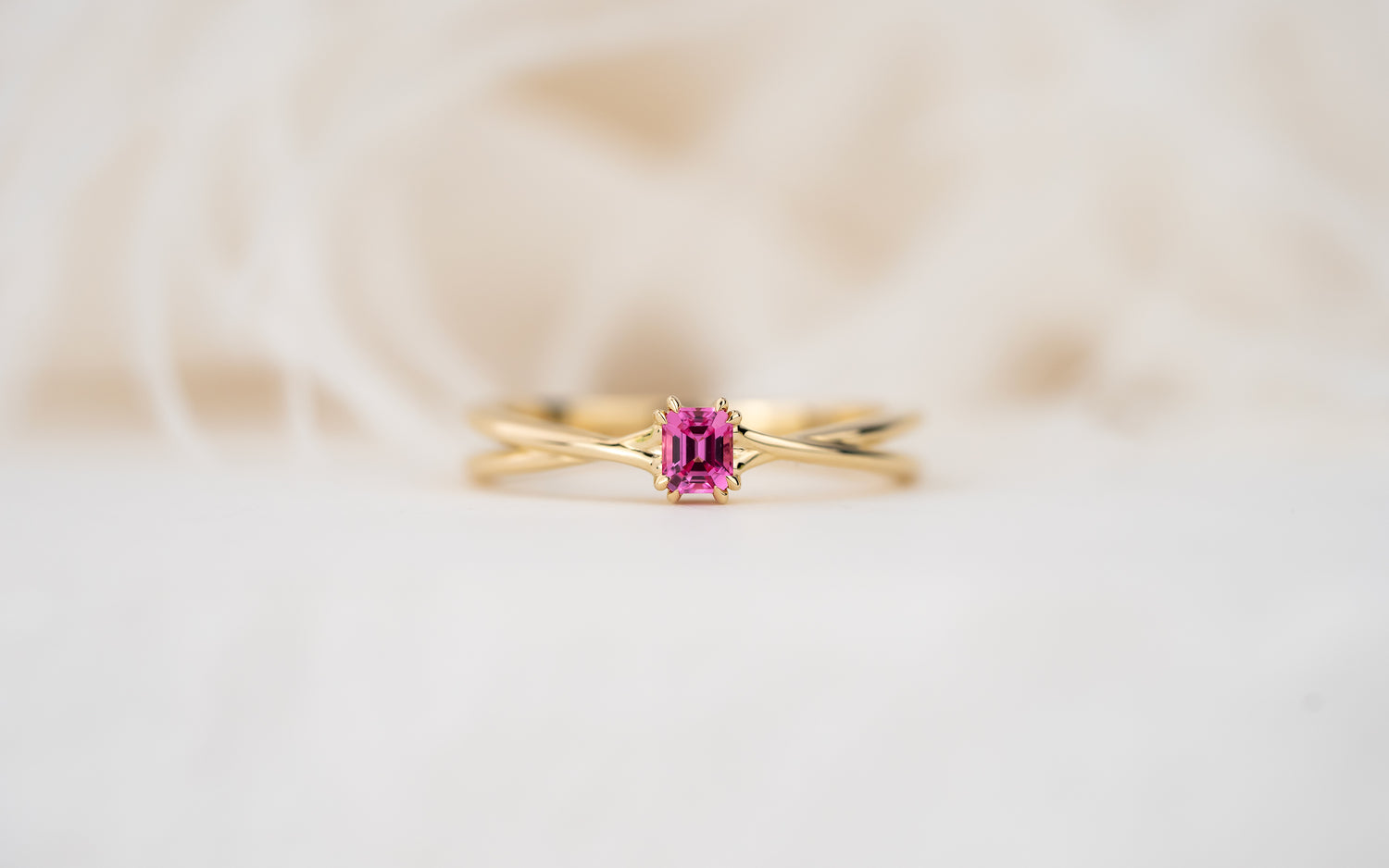 The Fates Ring | 0.21 CT Emerald Cut Hot Pink Spinel