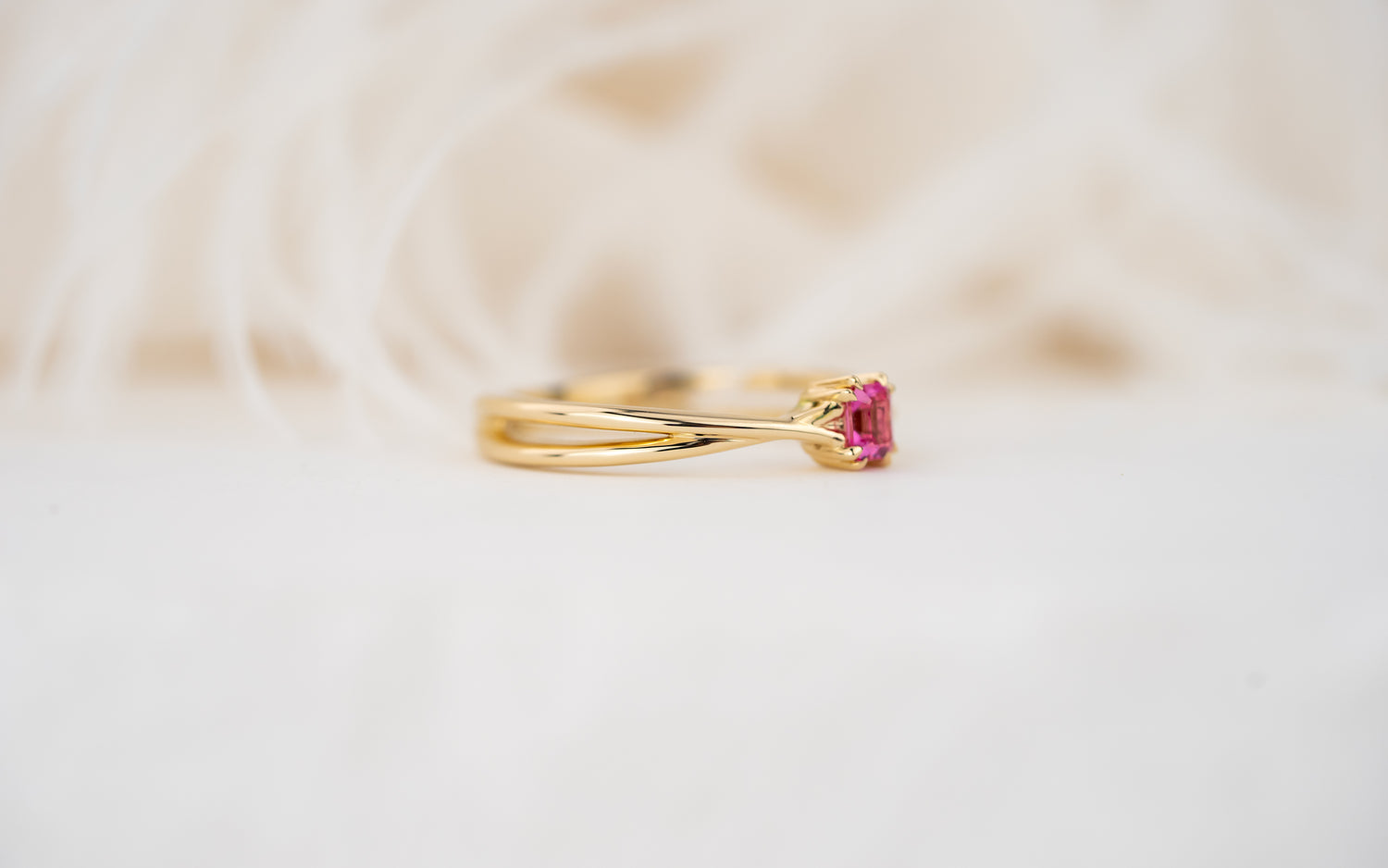 The Fates Ring | 0.21 CT Emerald Cut Hot Pink Spinel