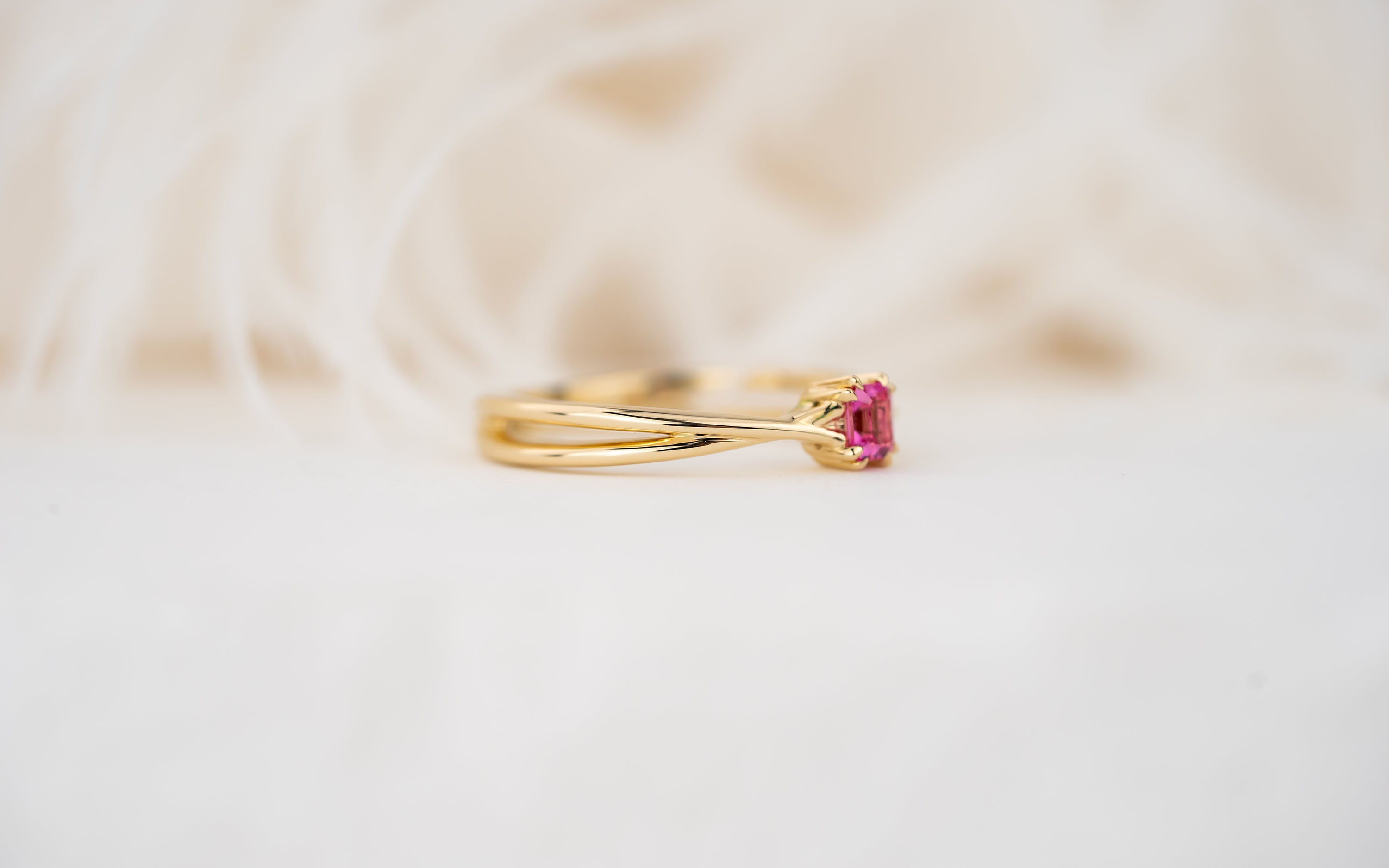 The Fates Ring | 0.21 CT Emerald Cut Hot Pink Spinel
