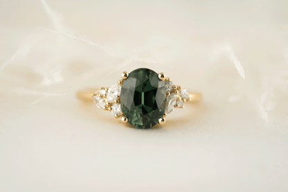 The Laurel Ring | 3.06 CT Oval Teal Green Sapphire